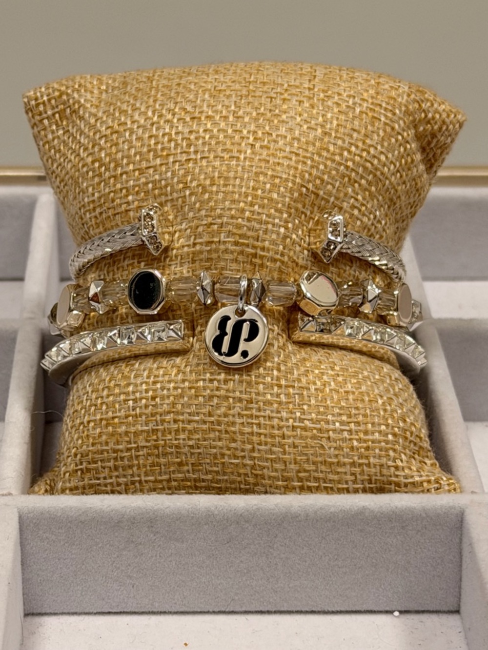 Bomb Party NWOT! Silver Multi-Row Bracelet with Black Enamel Logo Charm - Picture 2 of 8